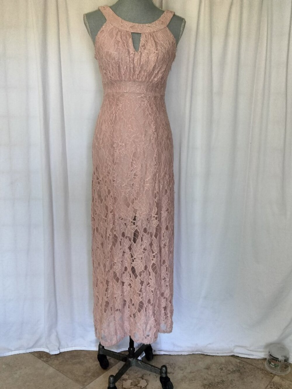 Sweet Storm Long Pink Lace Evening Formal Gown halter neck fitted Dress S